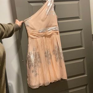 One shoulder dress. Pink with silver flowers.